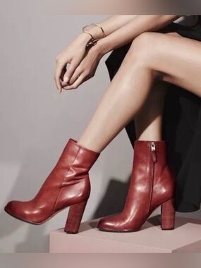 Sam Edelman Red Leather Ankle Booties with Stacked Heel
